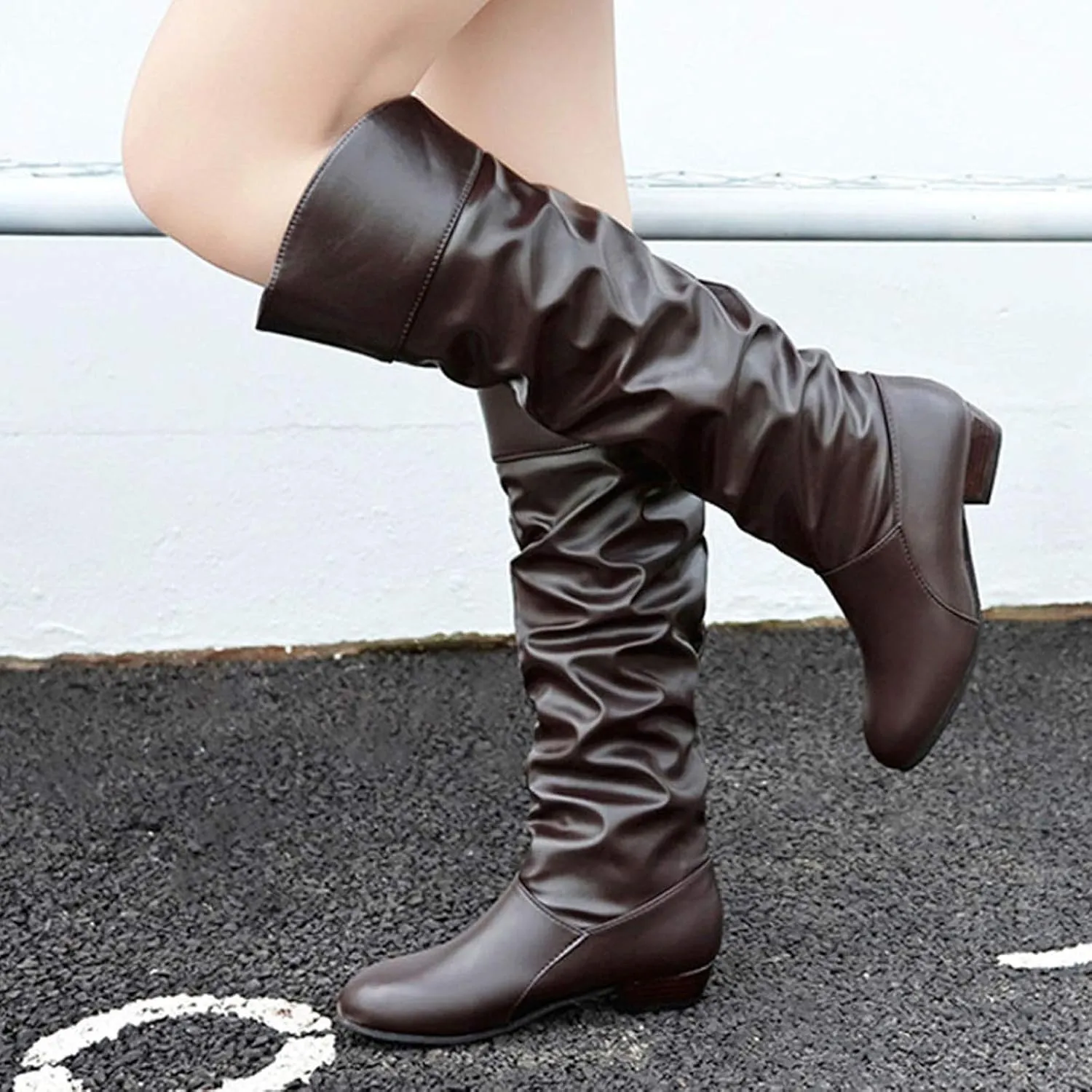 AMDBEL Boots for Women Knee High Wide Calf Boots Low Chunky Heel Boots Fashion Slip-On Leather Long Boots Fall Winter Shoes