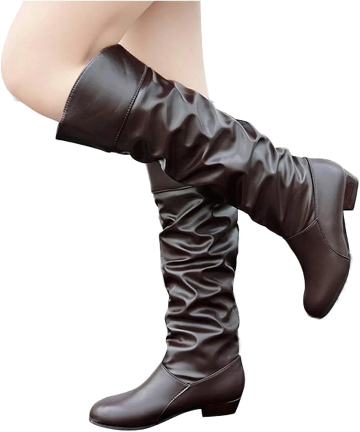 AMDBEL Boots for Women Knee High Wide Calf Boots Low Chunky Heel Boots Fashion Slip-On Leather Long Boots Fall Winter Shoes
