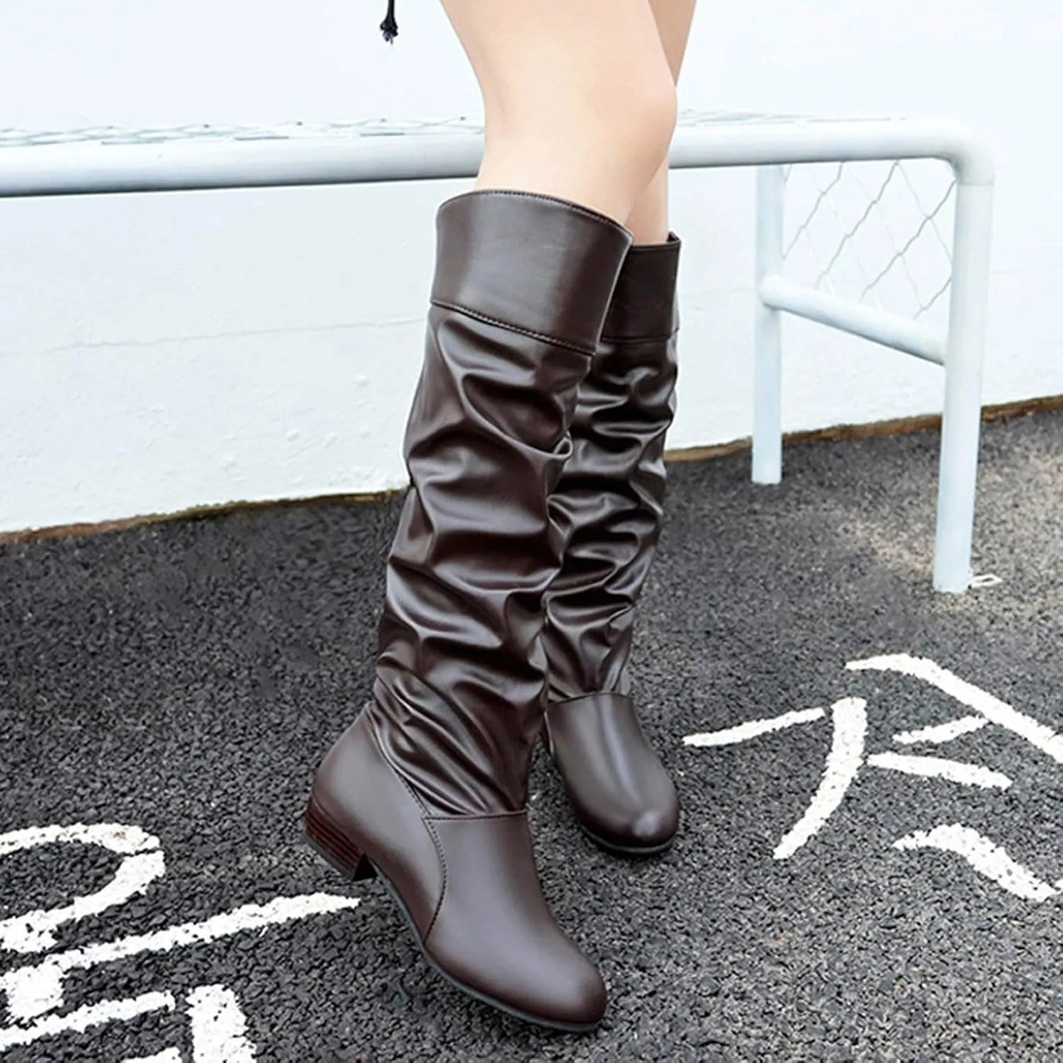 AMDBEL Boots for Women Knee High Wide Calf Boots Low Chunky Heel Boots Fashion Slip-On Leather Long Boots Fall Winter Shoes