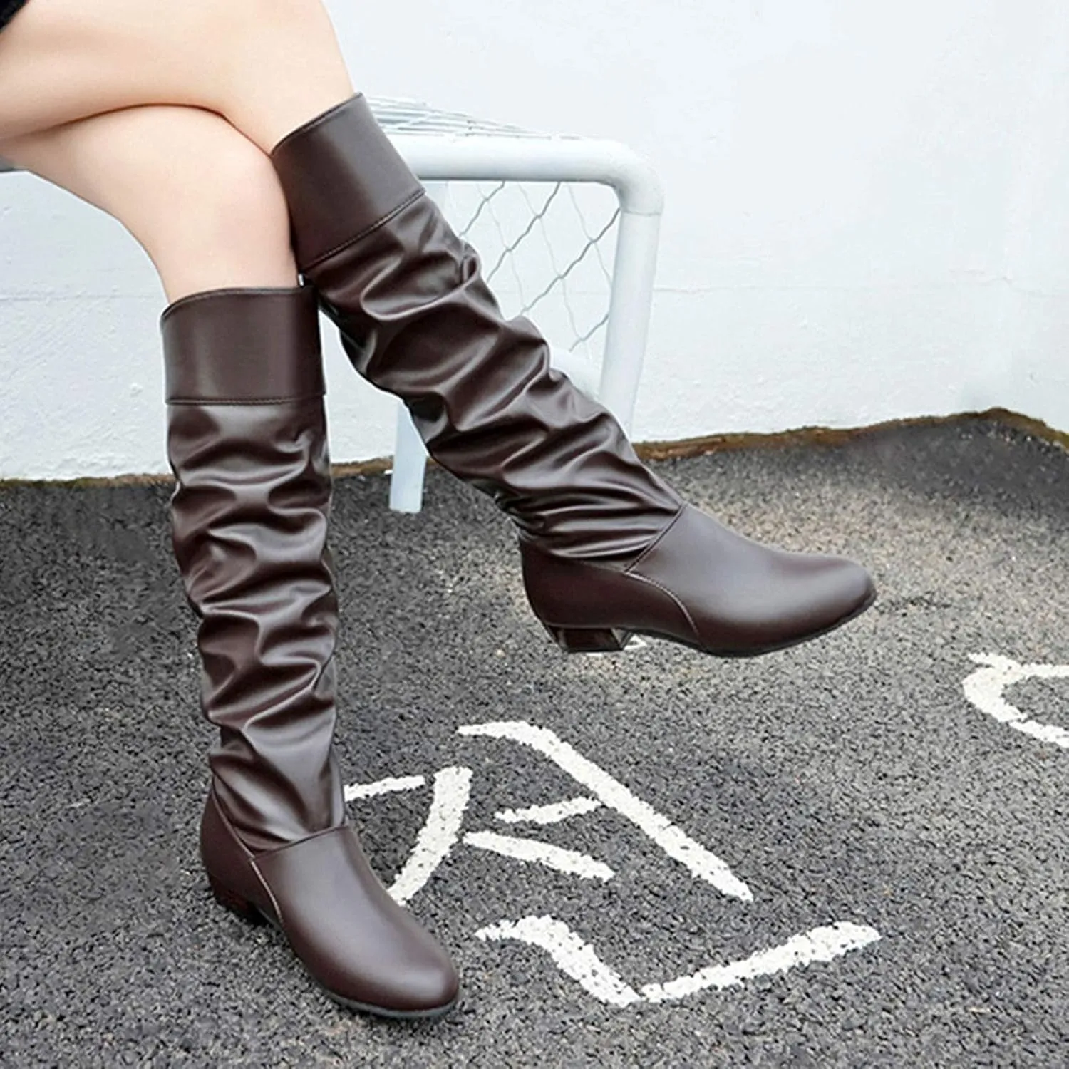 AMDBEL Boots for Women Knee High Wide Calf Boots Low Chunky Heel Boots Fashion Slip-On Leather Long Boots Fall Winter Shoes