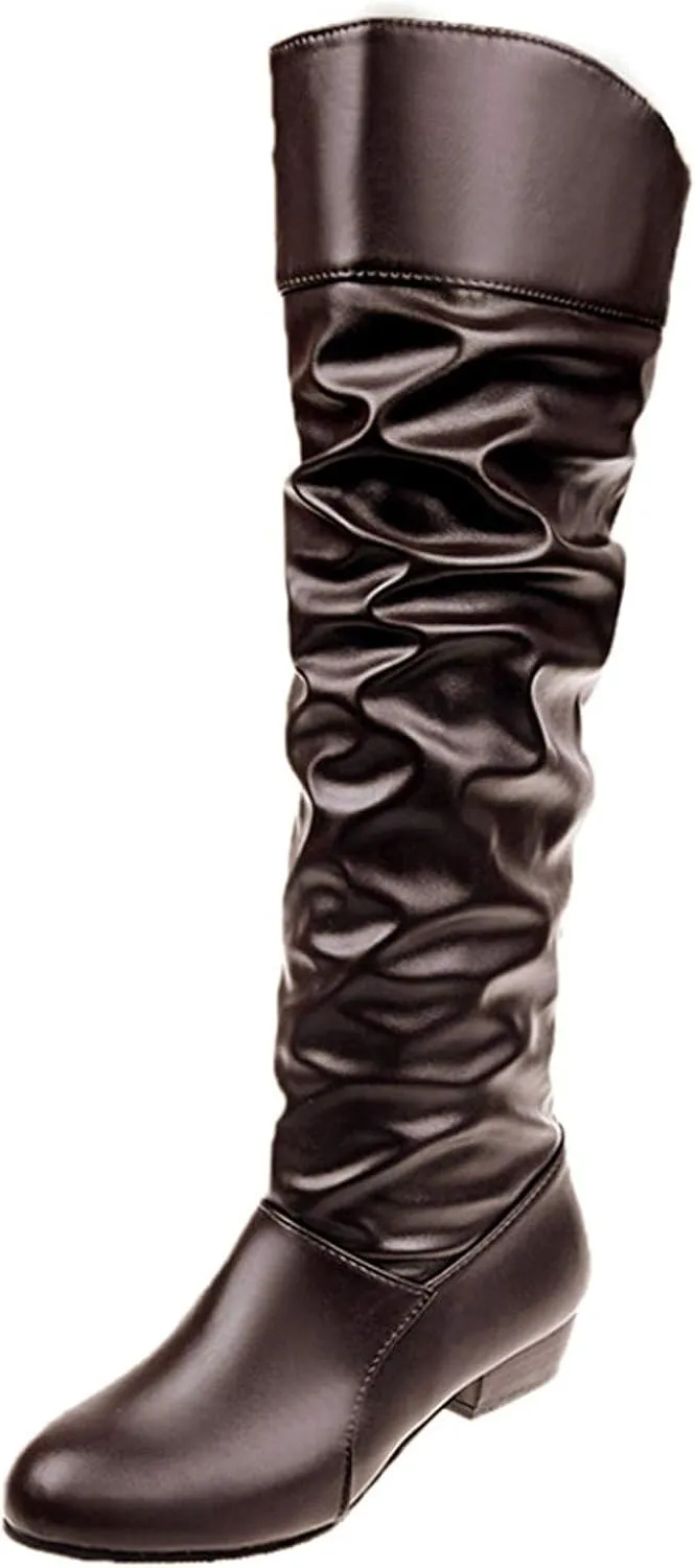 AMDBEL Boots for Women Knee High Wide Calf Boots Low Chunky Heel Boots Fashion Slip-On Leather Long Boots Fall Winter Shoes