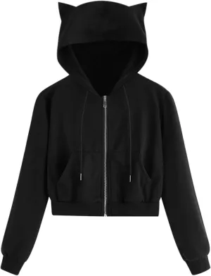 Aniywn Teen Girls Hoodies Cute Cat Ear Crop Top Gothic Hooded Sweatshirt Women Casual Long Sleeve Pullover Hodies