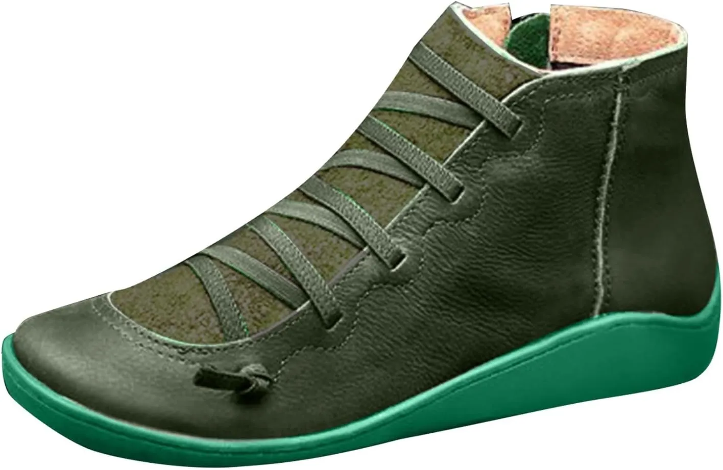 Ankle Boots for Women Arch Support Lace Up Flat Bottom Leather Side Zipper Round Toe Retro Booties Winter Outdoor Flat Shoes