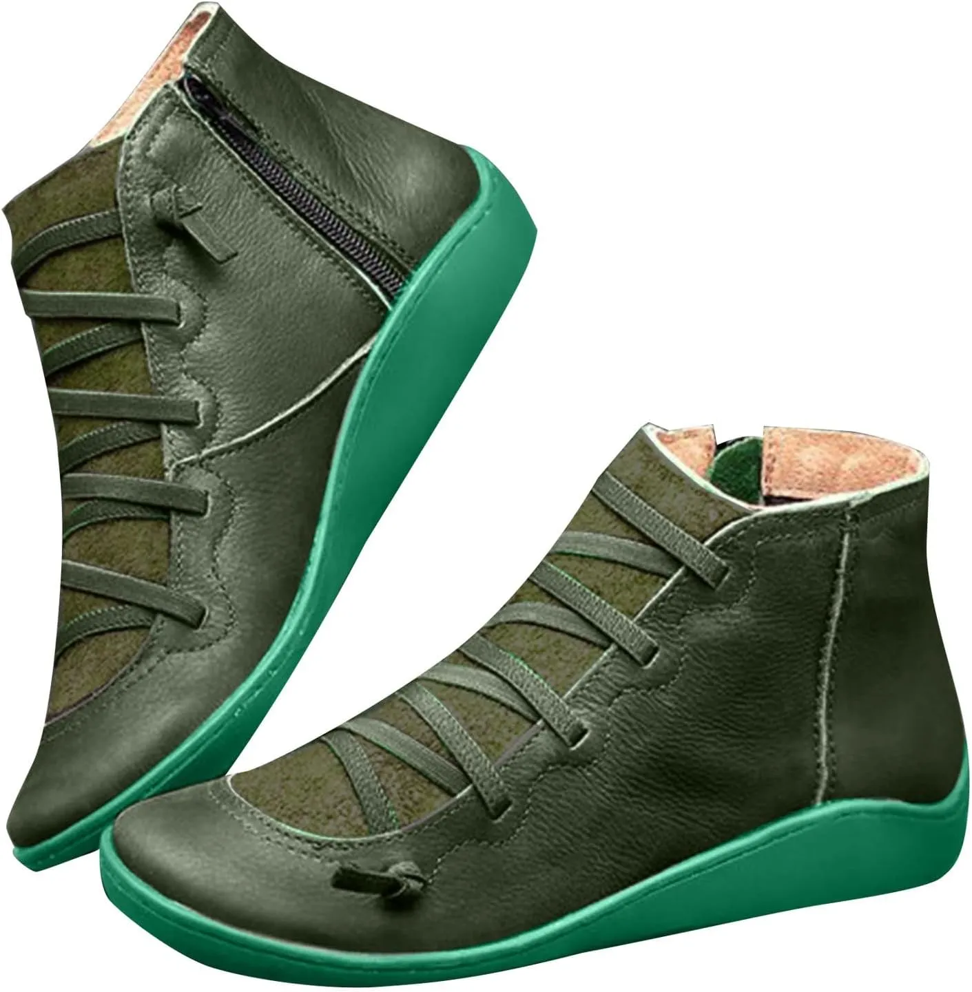 Ankle Boots for Women Arch Support Lace Up Flat Bottom Leather Side Zipper Round Toe Retro Booties Winter Outdoor Flat Shoes