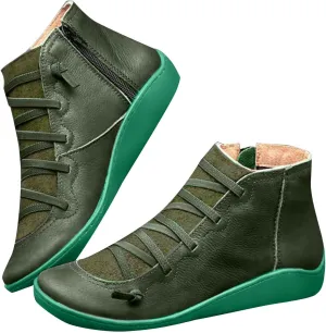 Ankle Boots for Women Arch Support Lace Up Flat Bottom Leather Side Zipper Round Toe Retro Booties Winter Outdoor Flat Shoes