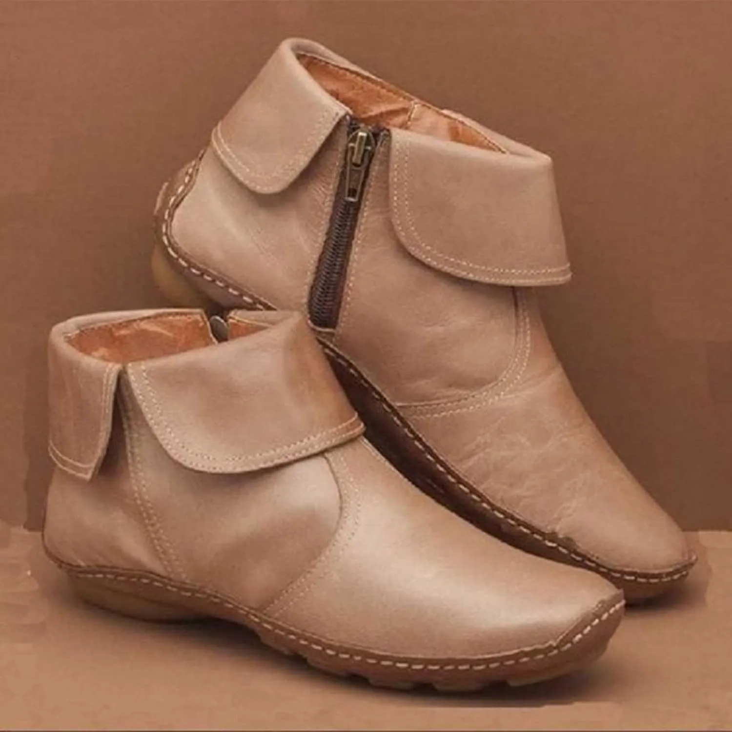 Ankle Boots for Women No Heel New Arch Support Boots Side Zipper Vintage Leather Damping Shoes Flat Heel Booties
