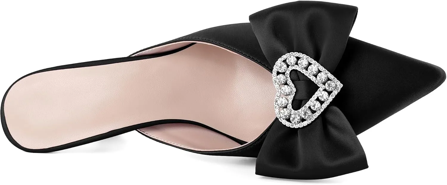 AUMOTED Women Kitten Heel Mules Rhinestone Bow Sandals Pointed Toe Heeled Mule Slip On Low Heels Slipper Glitter Mesh Wedding Bridal Shoes 2.5 Inch