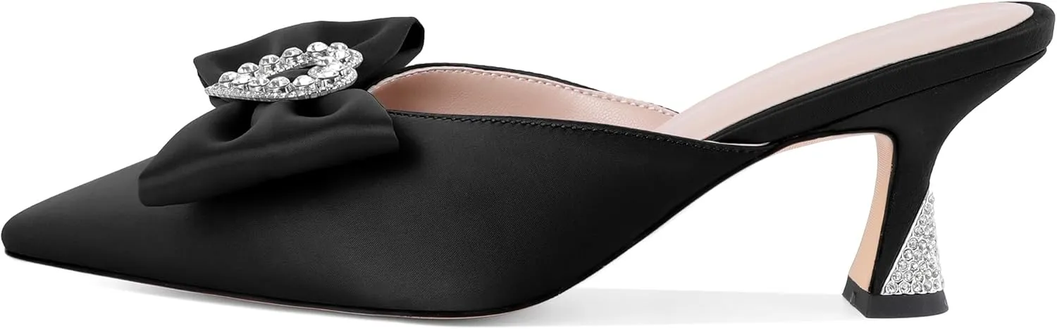 AUMOTED Women Kitten Heel Mules Rhinestone Bow Sandals Pointed Toe Heeled Mule Slip On Low Heels Slipper Glitter Mesh Wedding Bridal Shoes 2.5 Inch