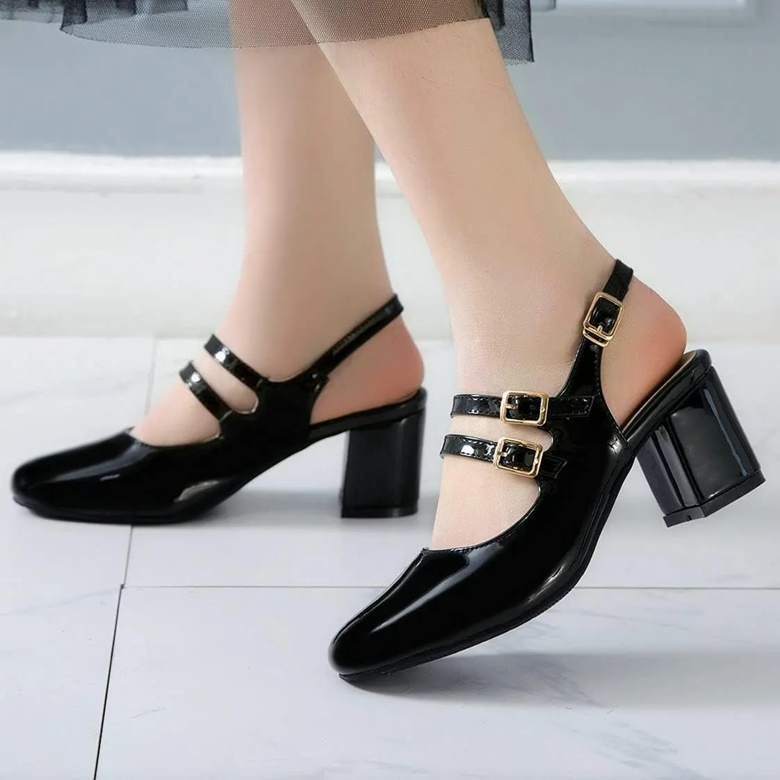 BEAUPAS Women's Chunky High Heel Patent Leather Pumps Ankle Strap Block Heel Pumps Slingback Buckle Shoes