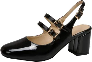 BEAUPAS Women's Chunky High Heel Patent Leather Pumps Ankle Strap Block Heel Pumps Slingback Buckle Shoes