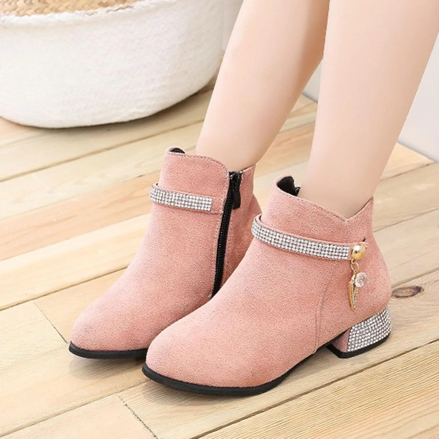 Boots for Girls Cozy Walking Fashion Western Riding Short Booties Fall Side Zipper Low Chunky Heel Slip-on Outdoor Shoes