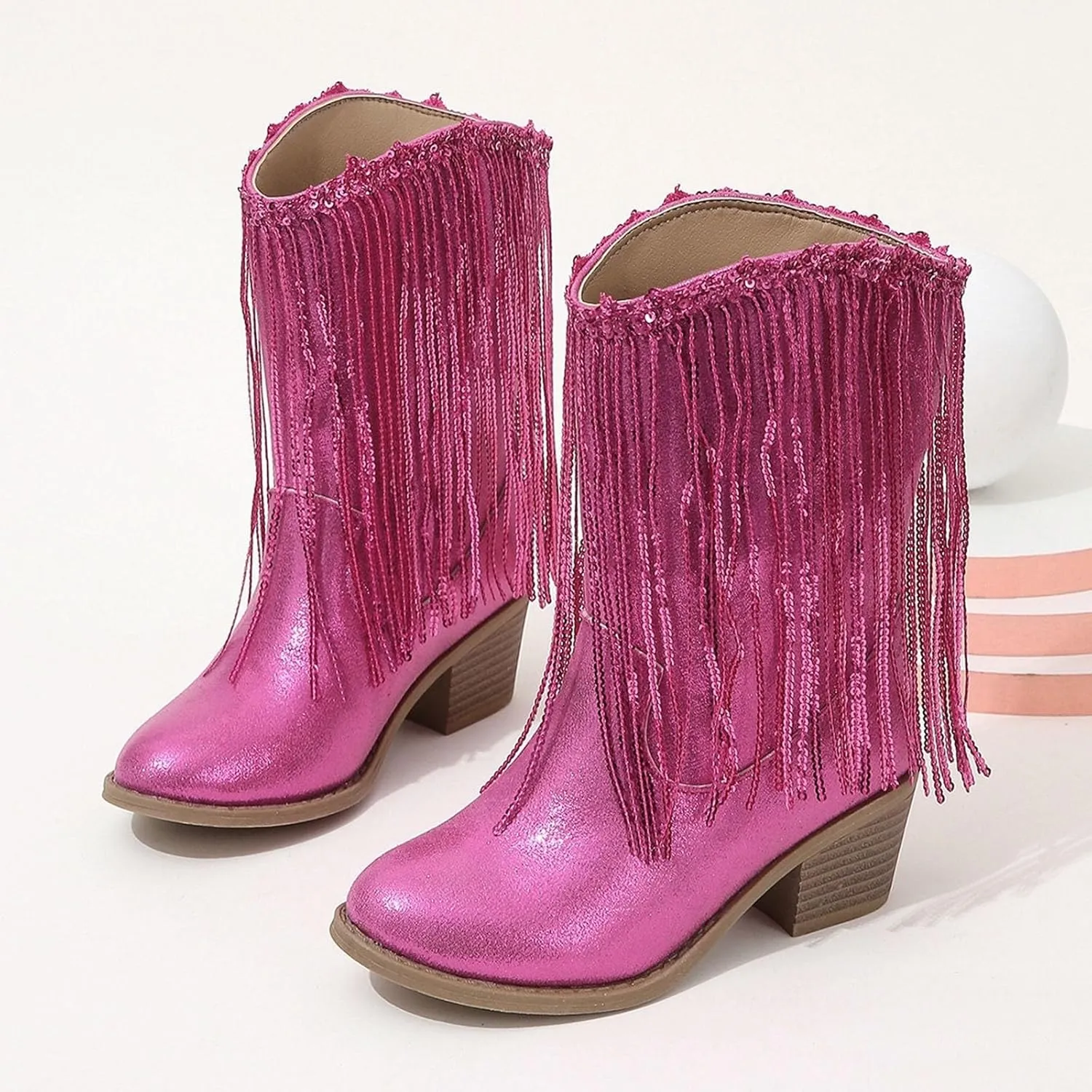 Boots for Girls Fashion Mid-Calf Shoes Cowboy Cowgirl Boots Western Removable Tassel Dance Fringe Booties