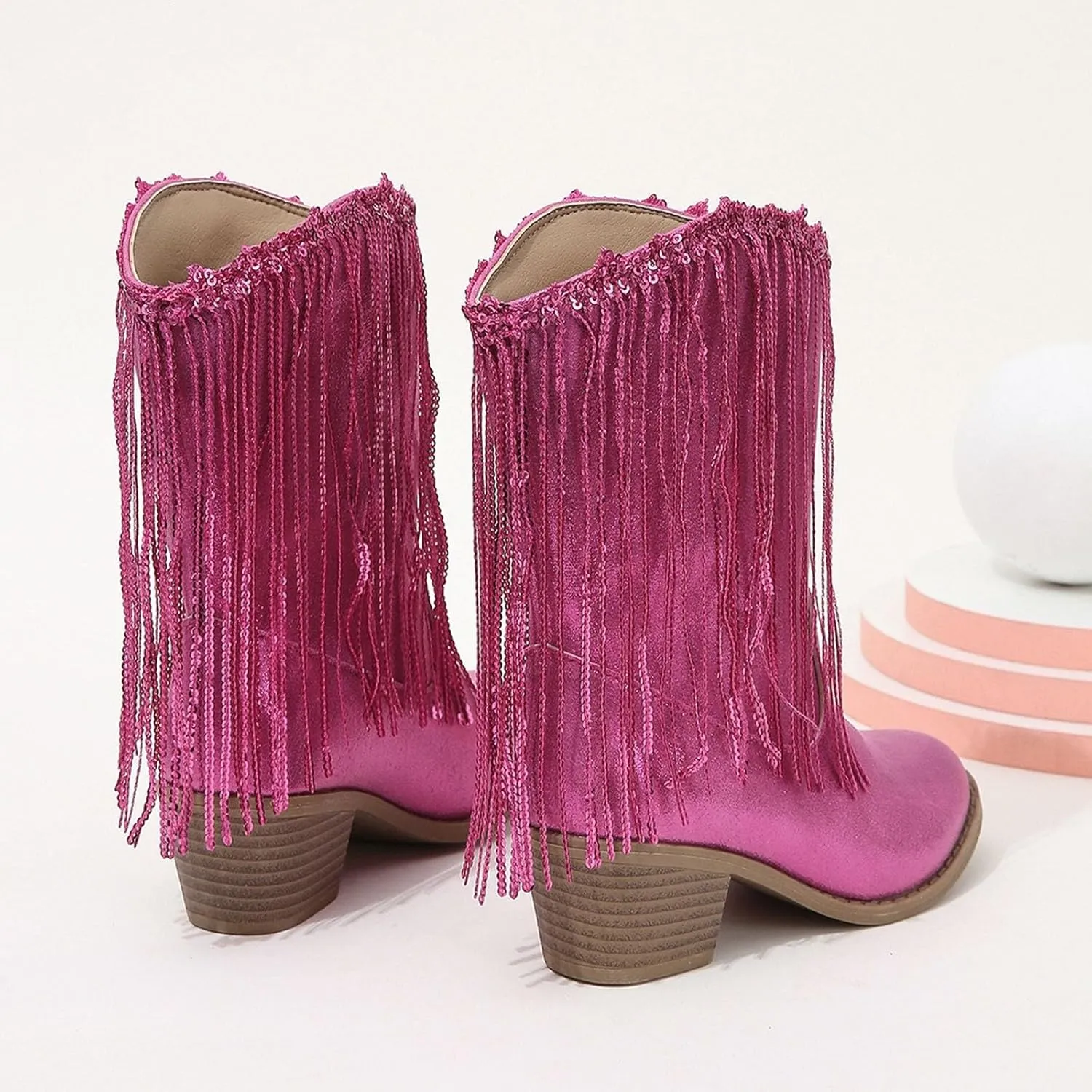 Boots for Girls Fashion Mid-Calf Shoes Cowboy Cowgirl Boots Western Removable Tassel Dance Fringe Booties