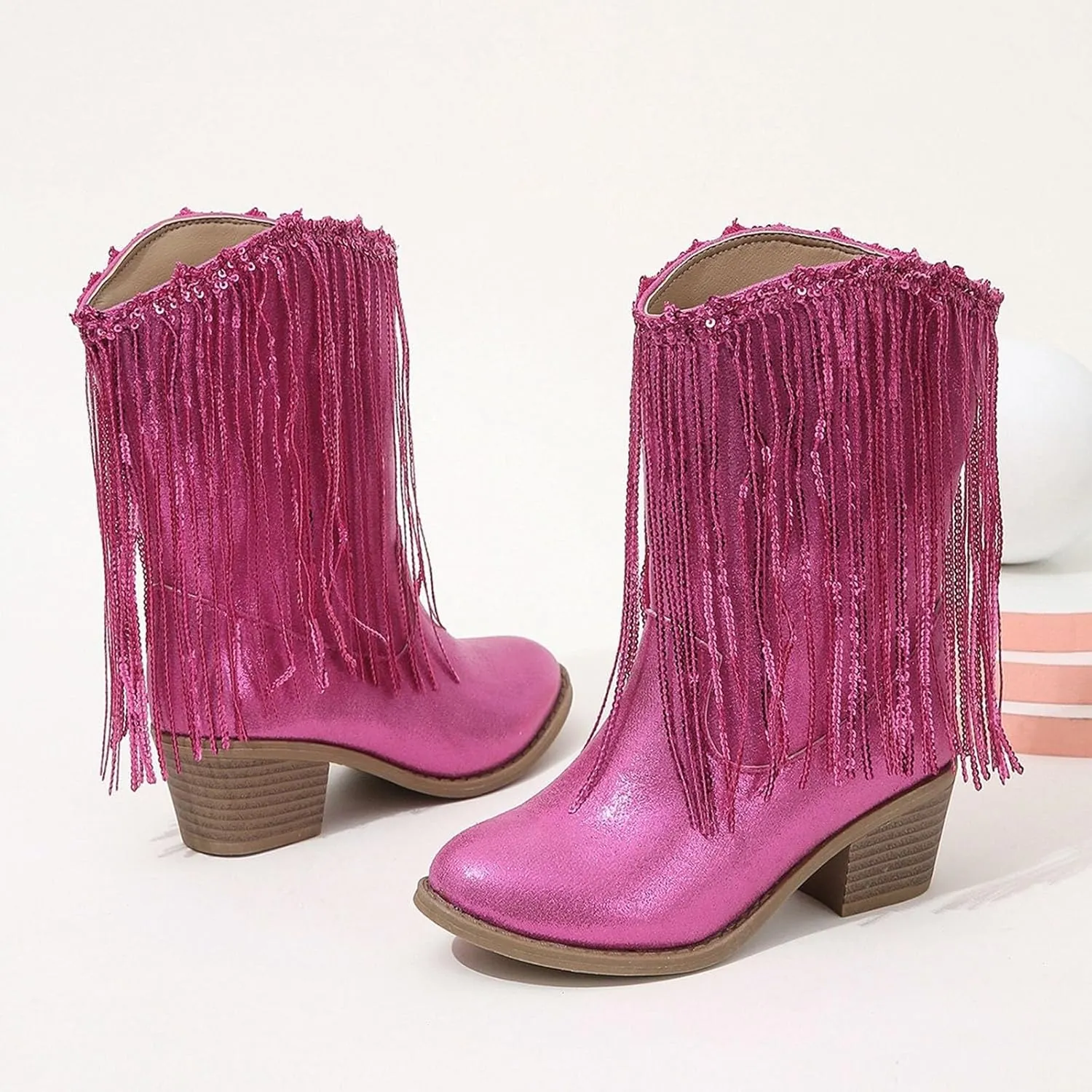 Boots for Girls Fashion Mid-Calf Shoes Cowboy Cowgirl Boots Western Removable Tassel Dance Fringe Booties