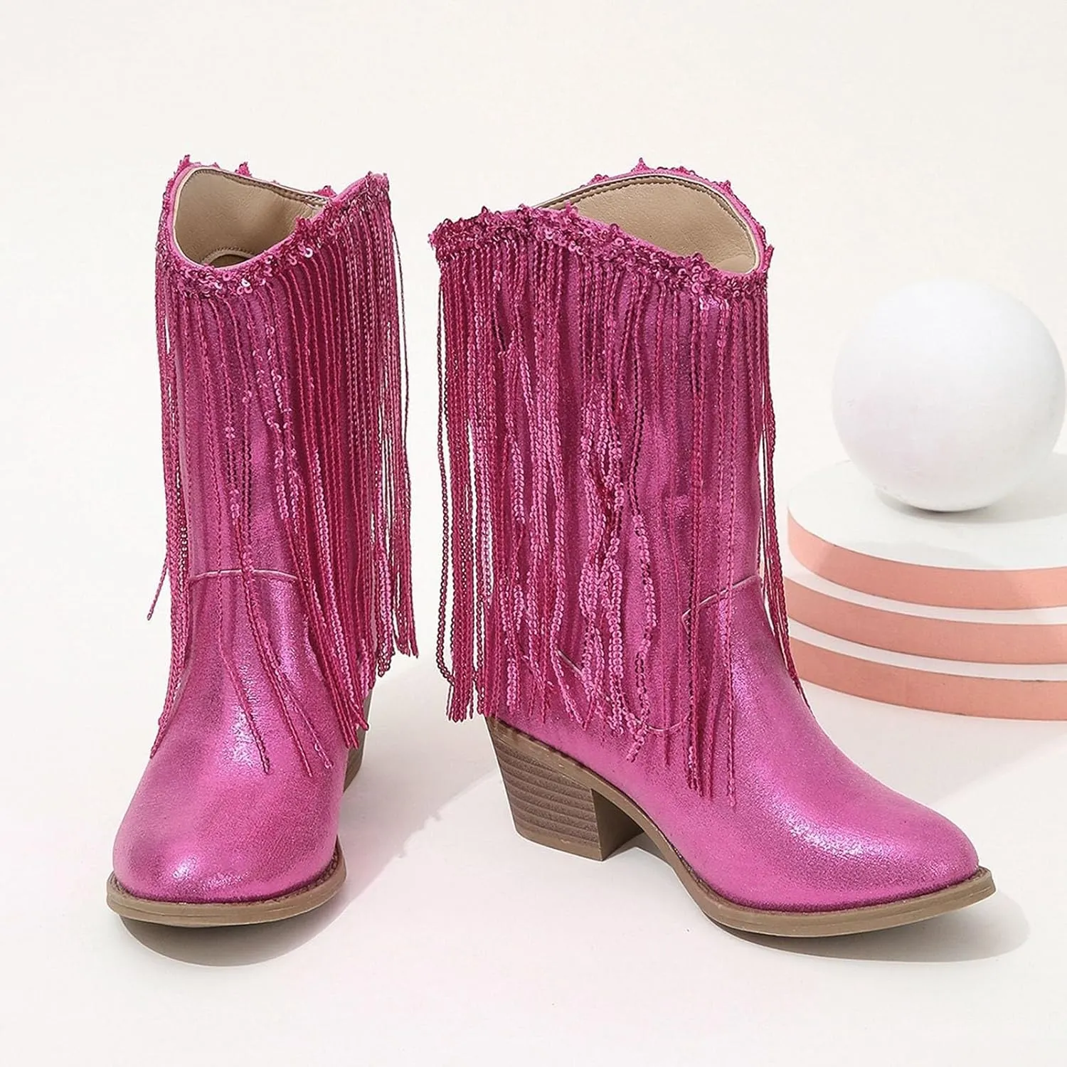 Boots for Girls Fashion Mid-Calf Shoes Cowboy Cowgirl Boots Western Removable Tassel Dance Fringe Booties