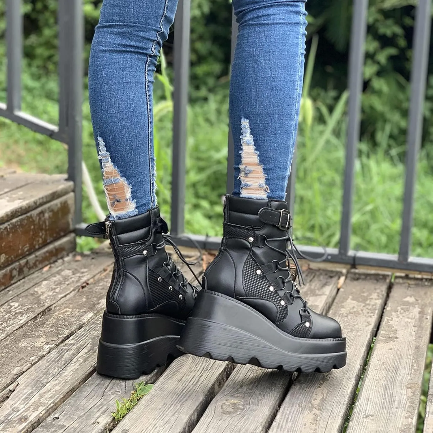 BORAMAX Gothic Platform wedge ankle boots Chunky low block heels Lace up zip Punk Motorcyle Combat Boots for Womens