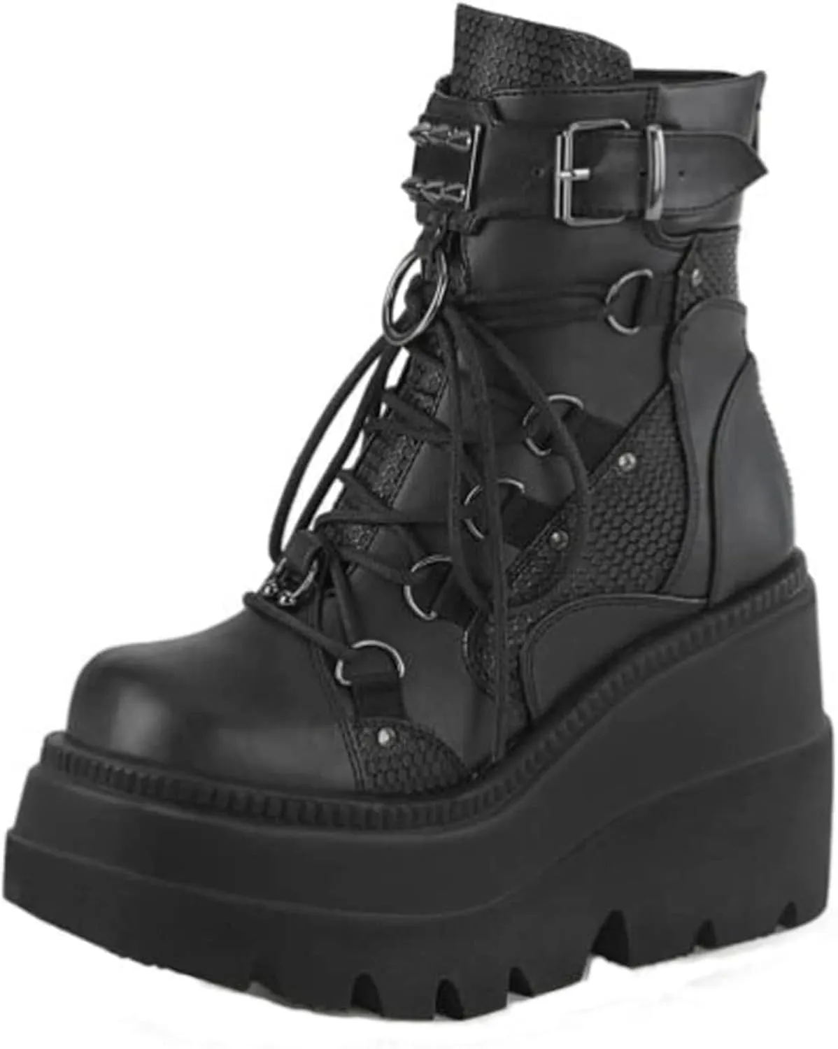 BORAMAX Gothic Platform wedge ankle boots Chunky low block heels Lace up zip Punk Motorcyle Combat Boots for Womens