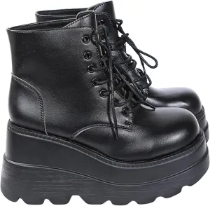 BORAMAX Women's Halloween Demon Wings Platform Boots Lace-Up Chunky Heel Combat Boots Goth Punk Wedge Heel Ankle Boots