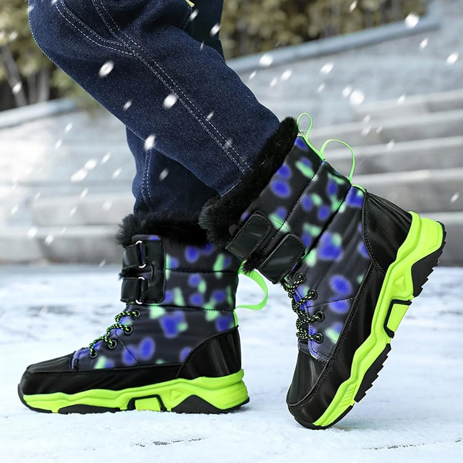 Boys Girls Snow Boots Waterproof Mid Calf Boots Faux Fur Lined Winter Shoes Anti Slip Hiking Boots for Little/Big Kids