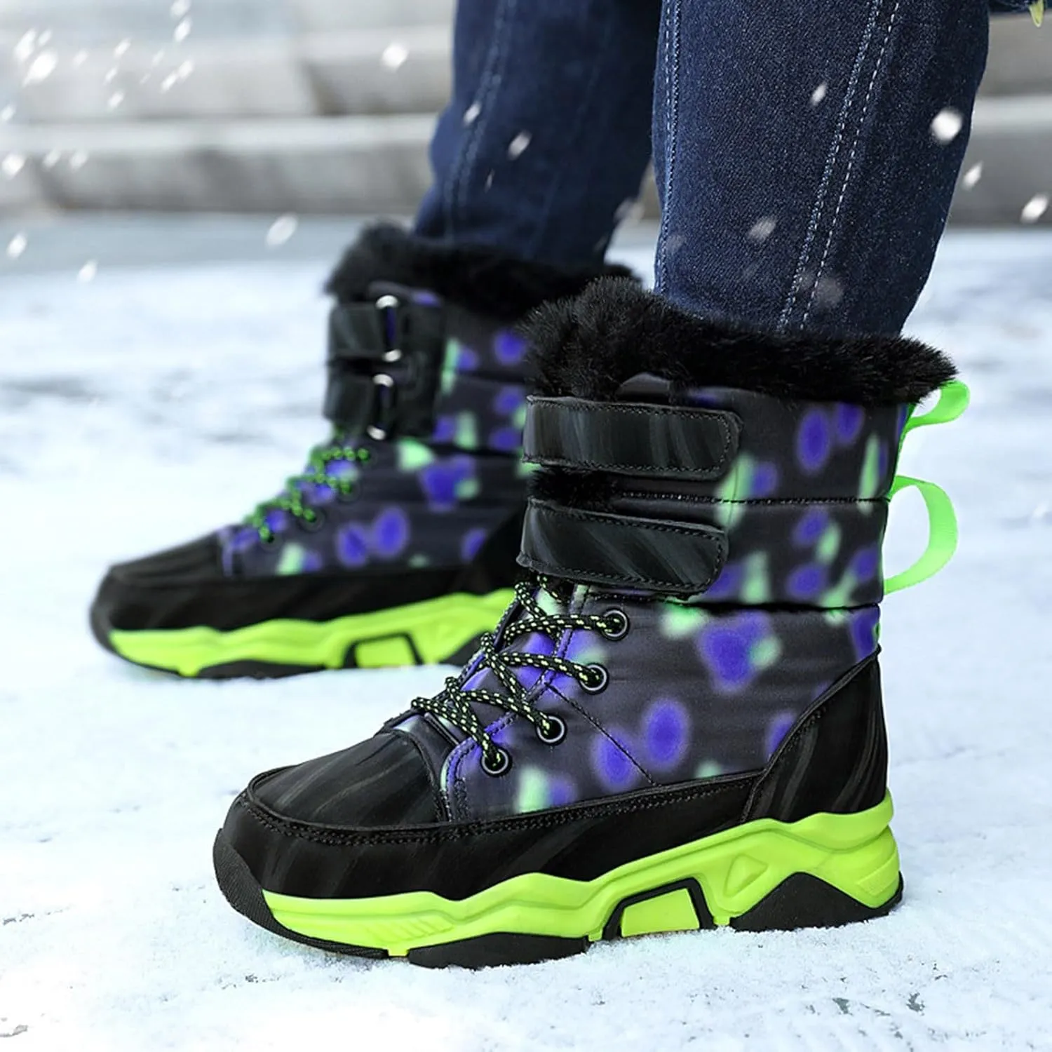 Boys Girls Snow Boots Waterproof Mid Calf Boots Faux Fur Lined Winter Shoes Anti Slip Hiking Boots for Little/Big Kids