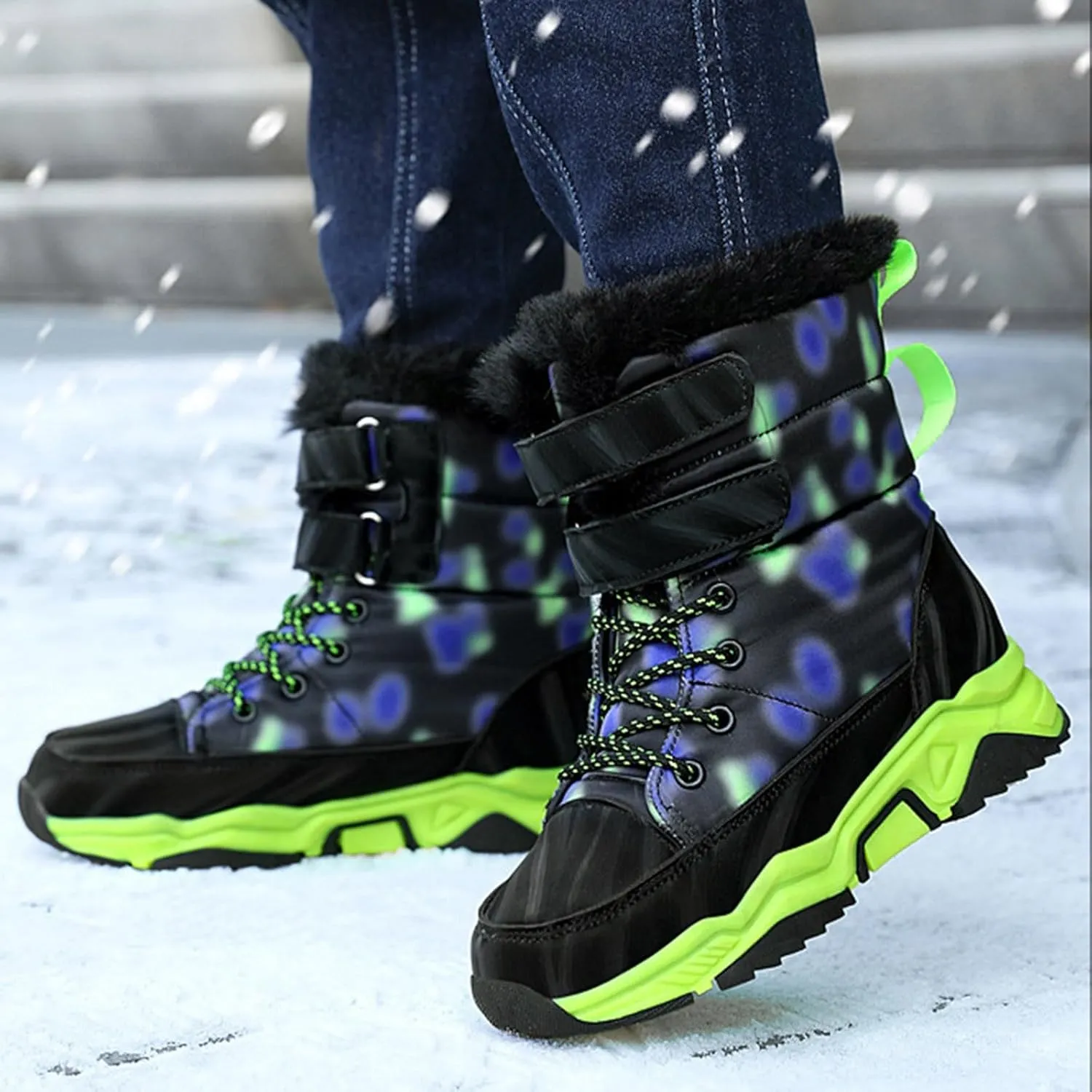 Boys Girls Snow Boots Waterproof Mid Calf Boots Faux Fur Lined Winter Shoes Anti Slip Hiking Boots for Little/Big Kids