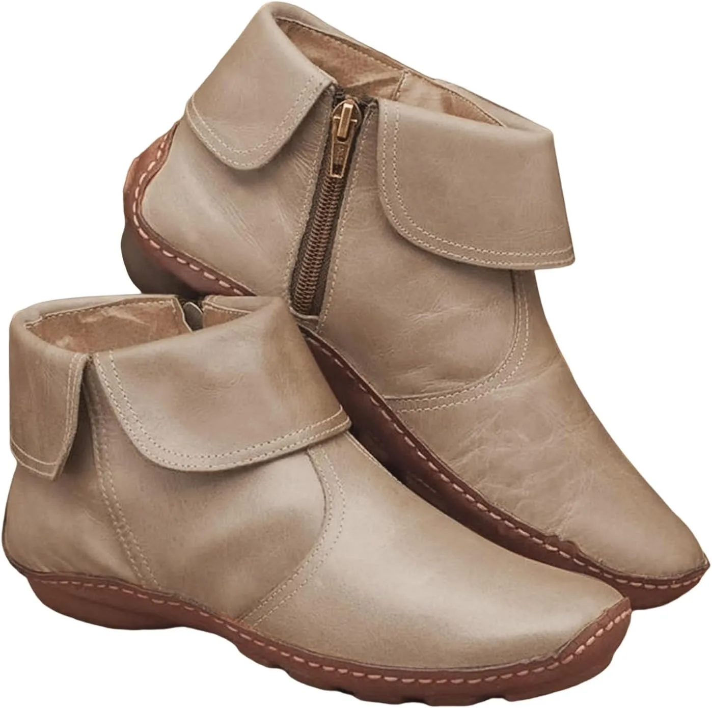 Cathalem Ankle Boots for Women No Heel New Arch Support Boots Flat Heel Booties Side Zipper Vintage Leather Damping Shoes