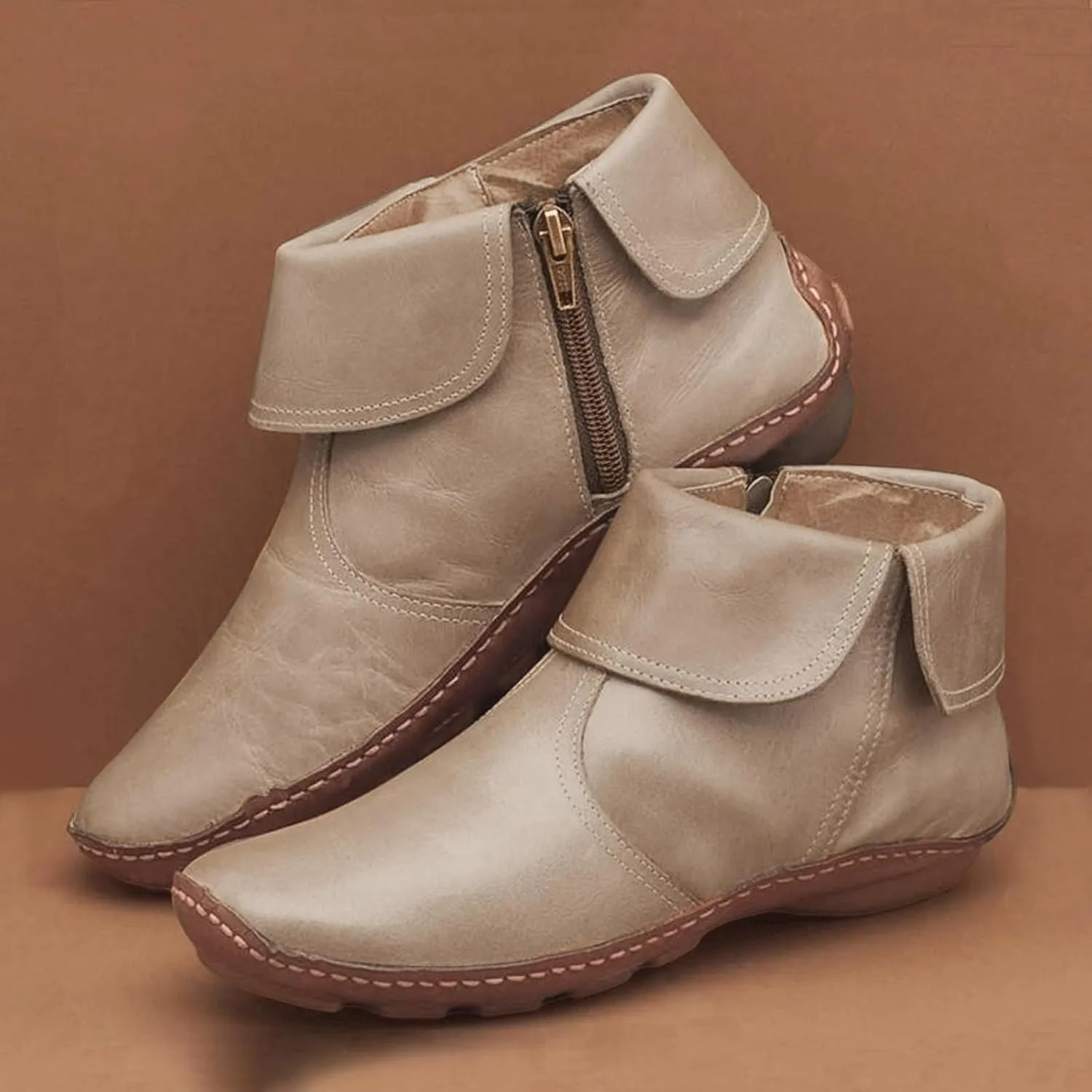 Cathalem Ankle Boots for Women No Heel New Arch Support Boots Flat Heel Booties Side Zipper Vintage Leather Damping Shoes