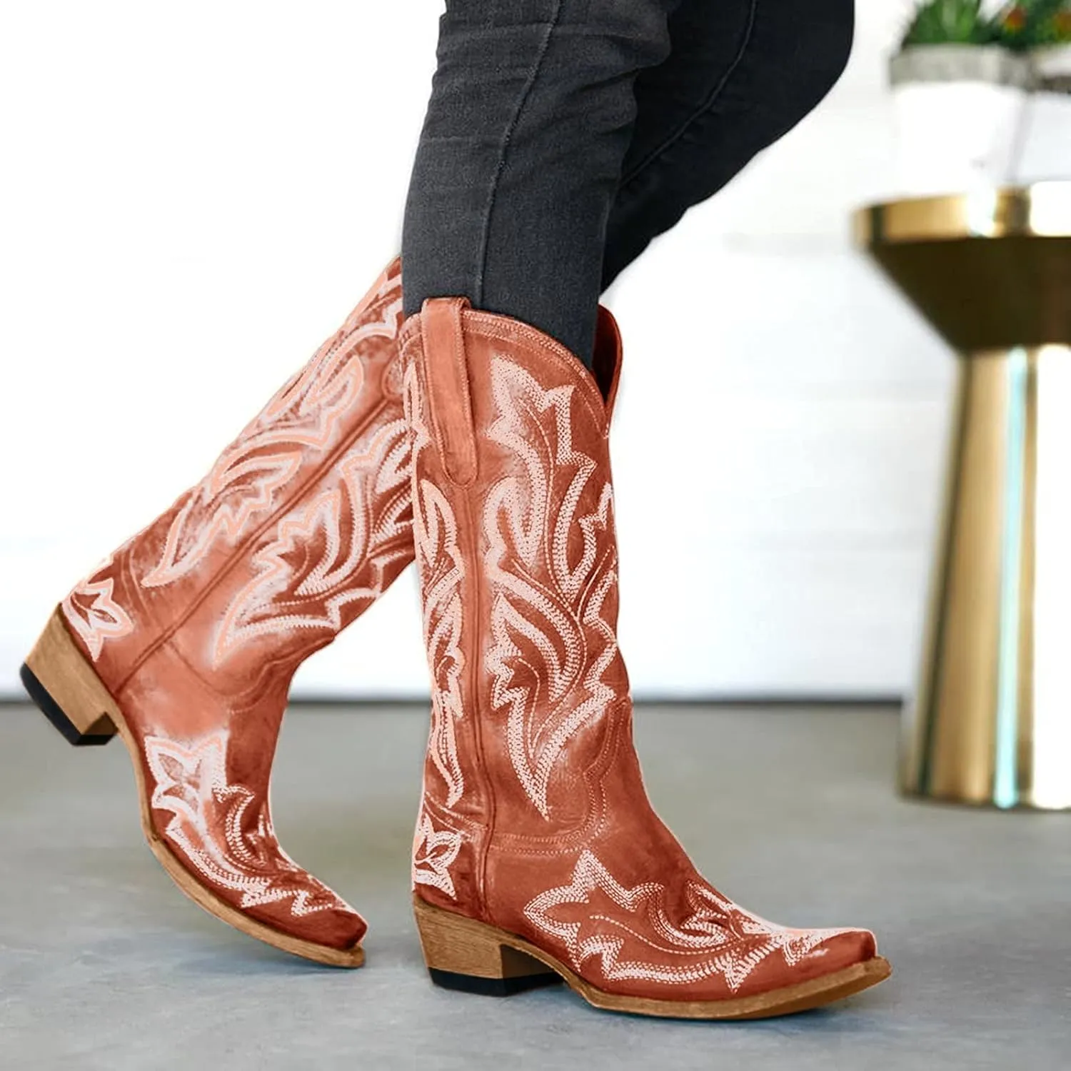 Cathalem Cowboy Boots for Women Cowgirl Boots Square Toe Mid Calf Western Boots Ladies Fashion Boots with Chunky Heel