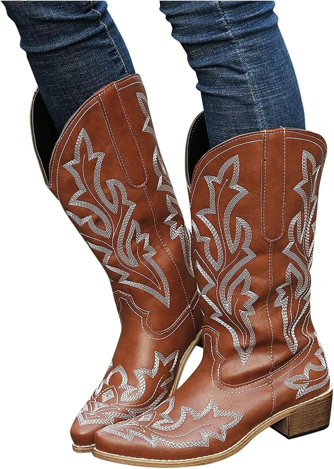 Cathalem Cowboy Boots for Women Cowgirl Boots Square Toe Mid Calf Western Boots Ladies Fashion Boots with Chunky Heel