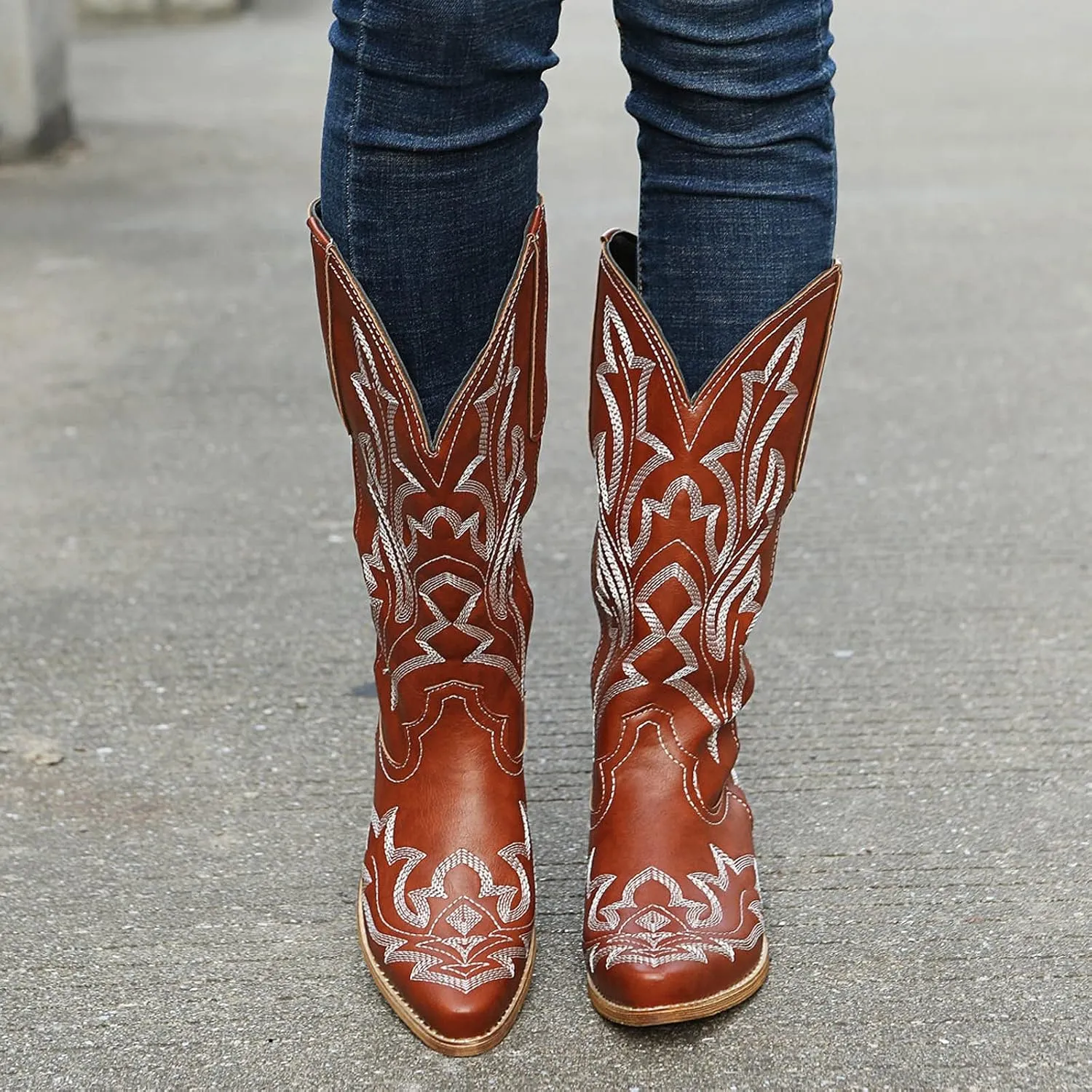 Cathalem Cowboy Boots for Women Cowgirl Boots Square Toe Mid Calf Western Boots Ladies Fashion Boots with Chunky Heel