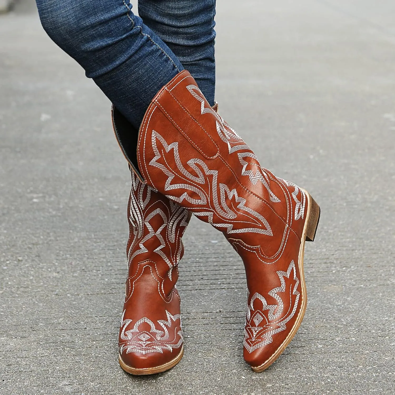 Cathalem Cowboy Boots for Women Cowgirl Boots Square Toe Mid Calf Western Boots Ladies Fashion Boots with Chunky Heel
