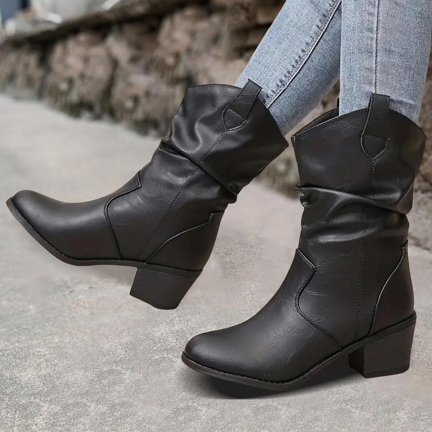 Cathalem Cowboy Boots for Women Mid Calf Modern Round toe Chunky Heel Cowgirl Boots with Pull On Tabs