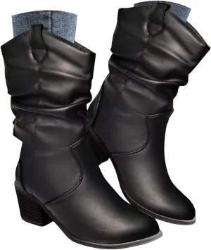 Cathalem Cowboy Boots for Women Mid Calf Modern Round toe Chunky Heel Cowgirl Boots with Pull On Tabs