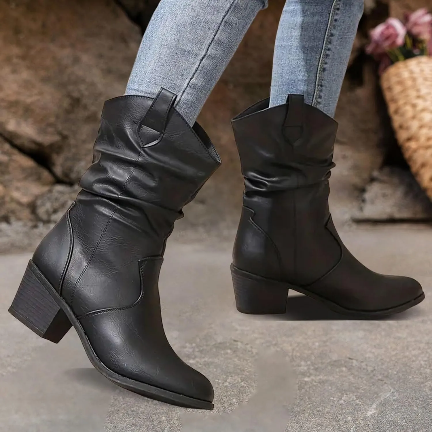 Cathalem Cowboy Boots for Women Mid Calf Modern Round toe Chunky Heel Cowgirl Boots with Pull On Tabs