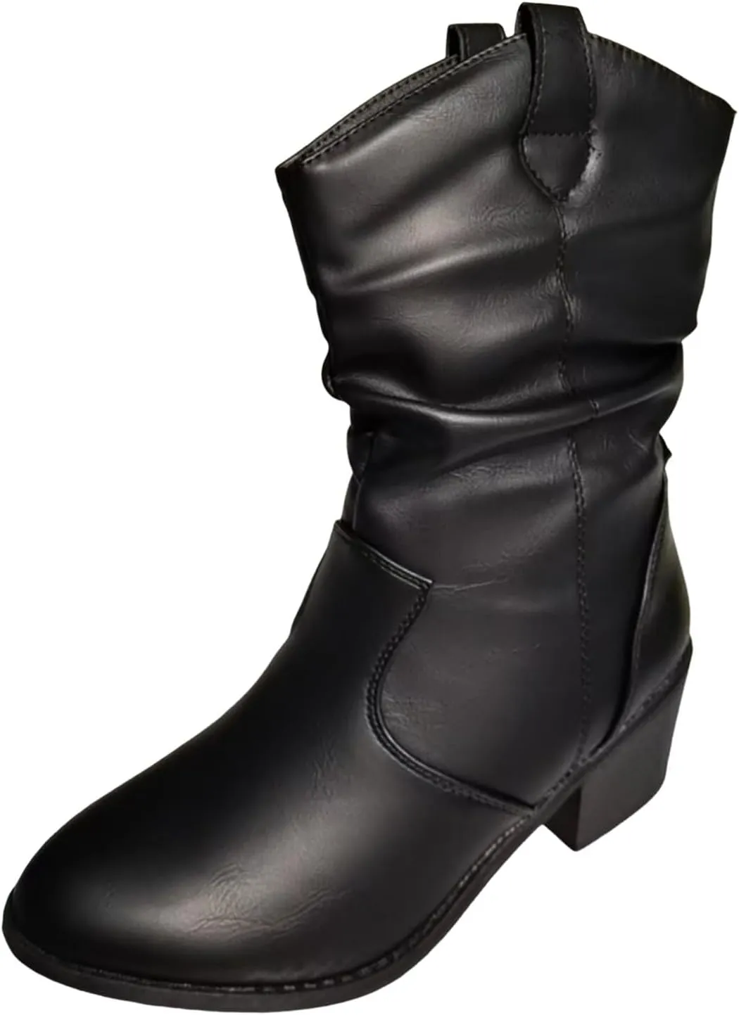 Cathalem Cowboy Boots for Women Mid Calf Modern Round toe Chunky Heel Cowgirl Boots with Pull On Tabs