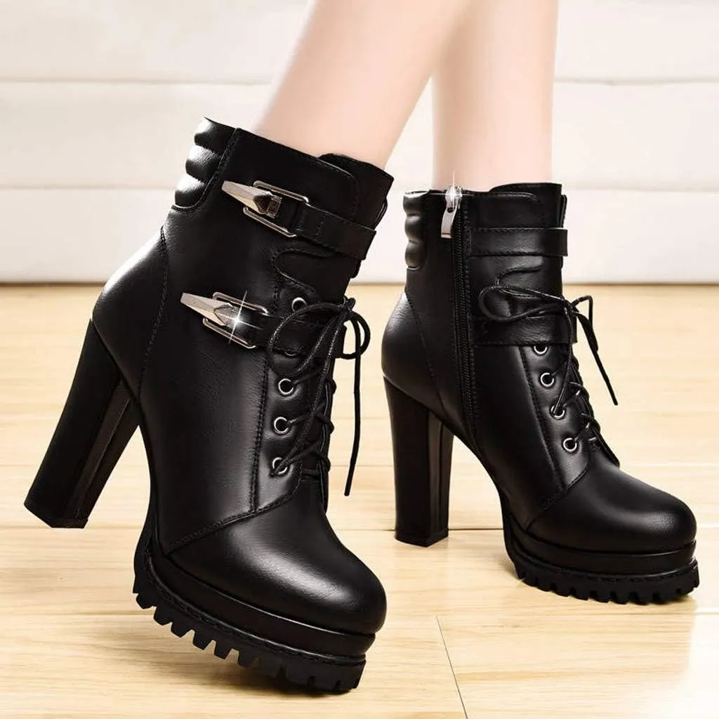 Chunky Boots Women Platform Goth Boots Platform Combat Boots High Heel Ankle Boots Lace Up Witch Boots Stripper Boots