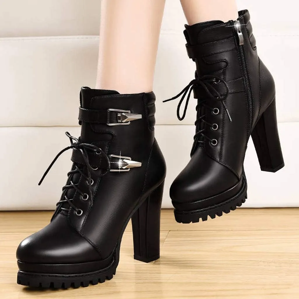 Chunky Boots Women Platform Goth Boots Platform Combat Boots High Heel Ankle Boots Lace Up Witch Boots Stripper Boots