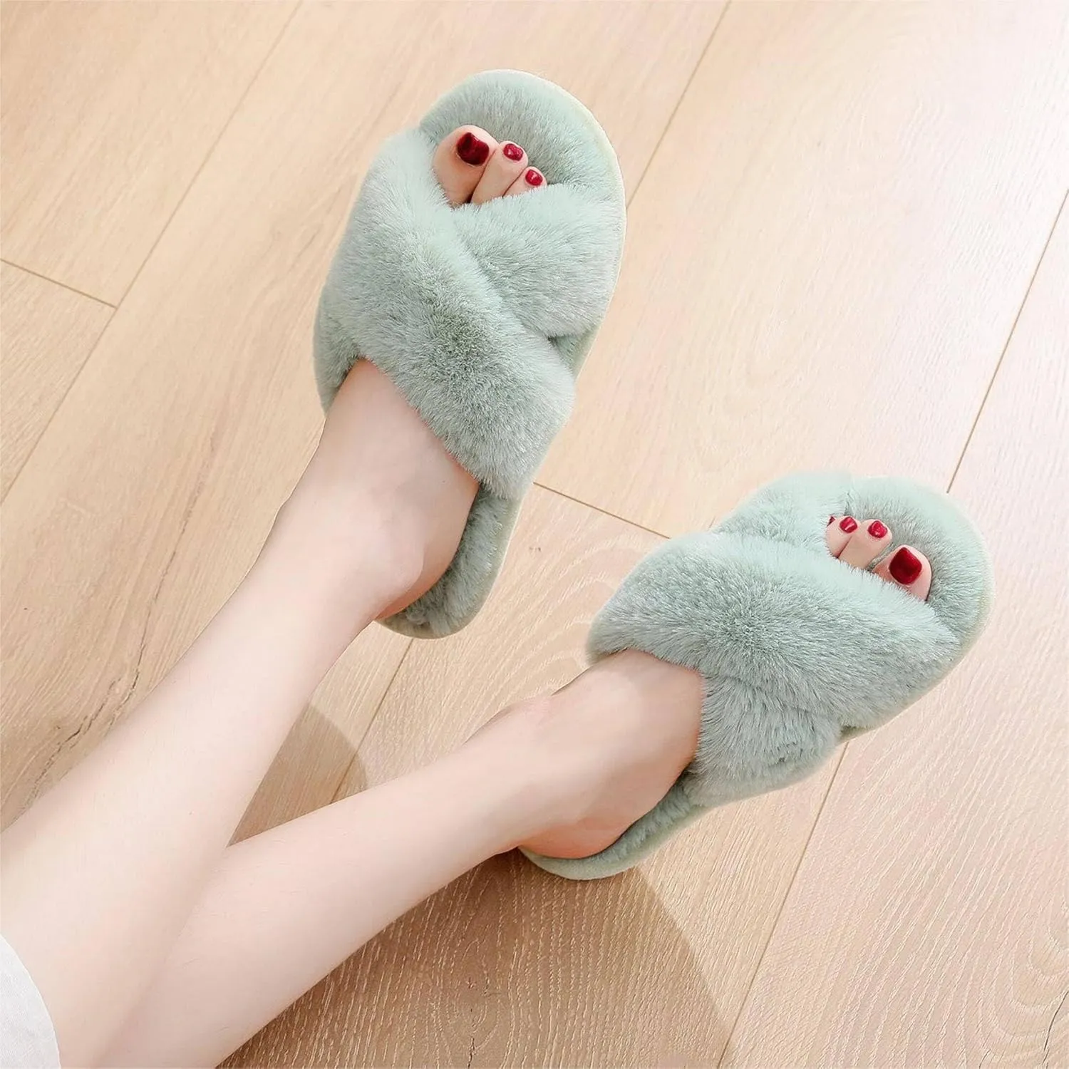 Crazy Lady Women's Fuzzy Fluffy Furry Fur Slippers Flip Flop Open Toe Cozy House Memory Foam Sandals Slides Soft Flat Comfy Anti-Slip Spa Indoor Outdoor Slip on
