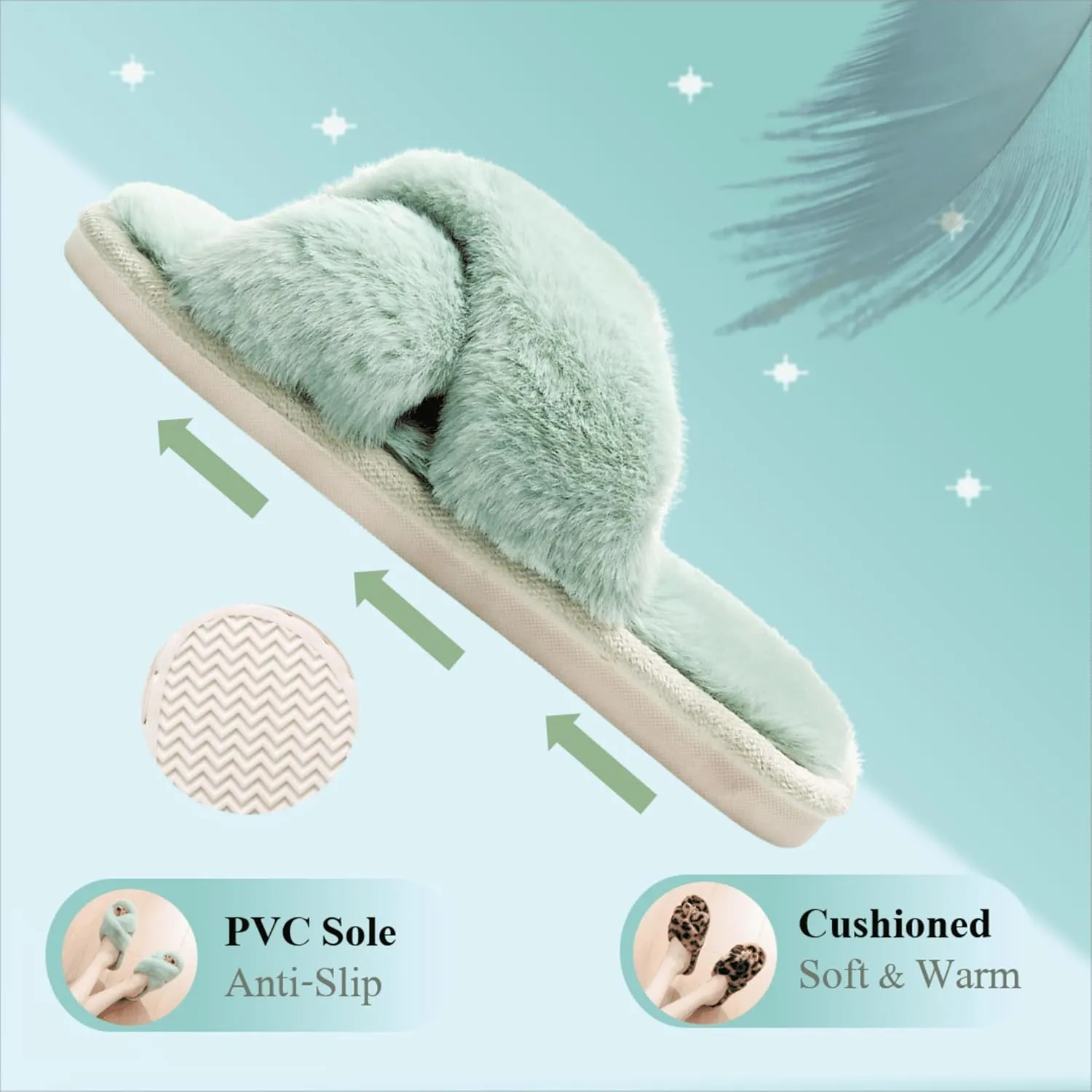 Crazy Lady Women's Fuzzy Fluffy Furry Fur Slippers Flip Flop Open Toe Cozy House Memory Foam Sandals Slides Soft Flat Comfy Anti-Slip Spa Indoor Outdoor Slip on