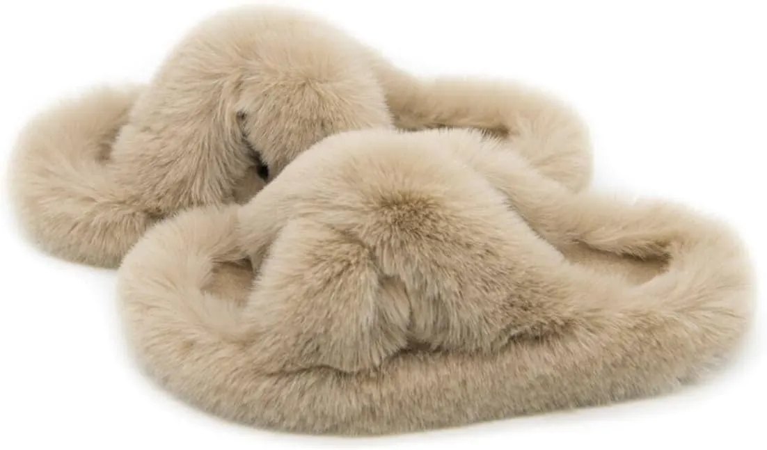 Crazy Lady Women's Fuzzy Fluffy Furry Fur Slippers Flip Flop Winter Warm Cozy House Memory Foam Sandals Slides Soft Flat Comfy Anti-Slip Spa Indoor Outdoor Slip on Light