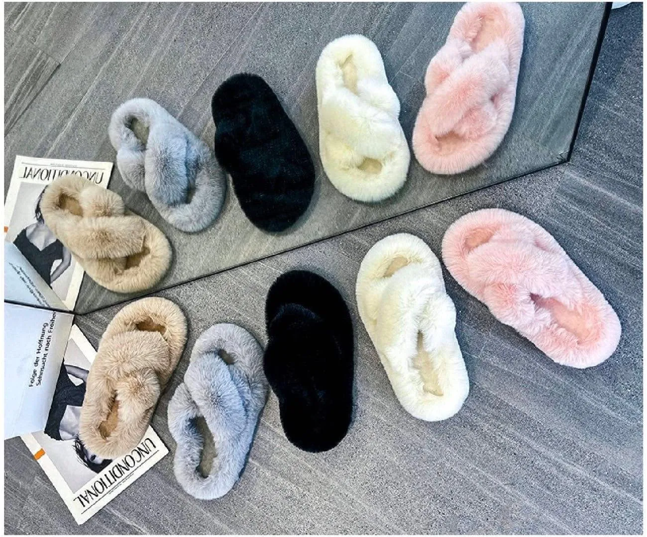 Crazy Lady Women's Fuzzy Fluffy Furry Fur Slippers Flip Flop Winter Warm Cozy House Memory Foam Sandals Slides Soft Flat Comfy Anti-Slip Spa Indoor Outdoor Slip on Light