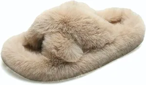 Crazy Lady Women's Fuzzy Fluffy Furry Fur Slippers Flip Flop Winter Warm Cozy House Memory Foam Sandals Slides Soft Flat Comfy Anti-Slip Spa Indoor Outdoor Slip on Light