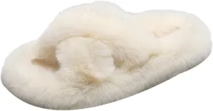Crazy Lady Women's Fuzzy Fluffy Furry Fur Slippers Flip Flop Winter Warm Cozy House Memory Foam Sandals Slides Soft Flat Comfy Anti-Slip Spa Indoor Outdoor Slip on Light