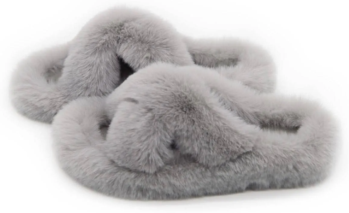 Crazy Lady Women's Fuzzy Fluffy Furry Fur Slippers Flip Flop Winter Warm Cozy House Memory Foam Sandals Slides Soft Flat Comfy Anti-Slip Spa Indoor Outdoor Slip on Light
