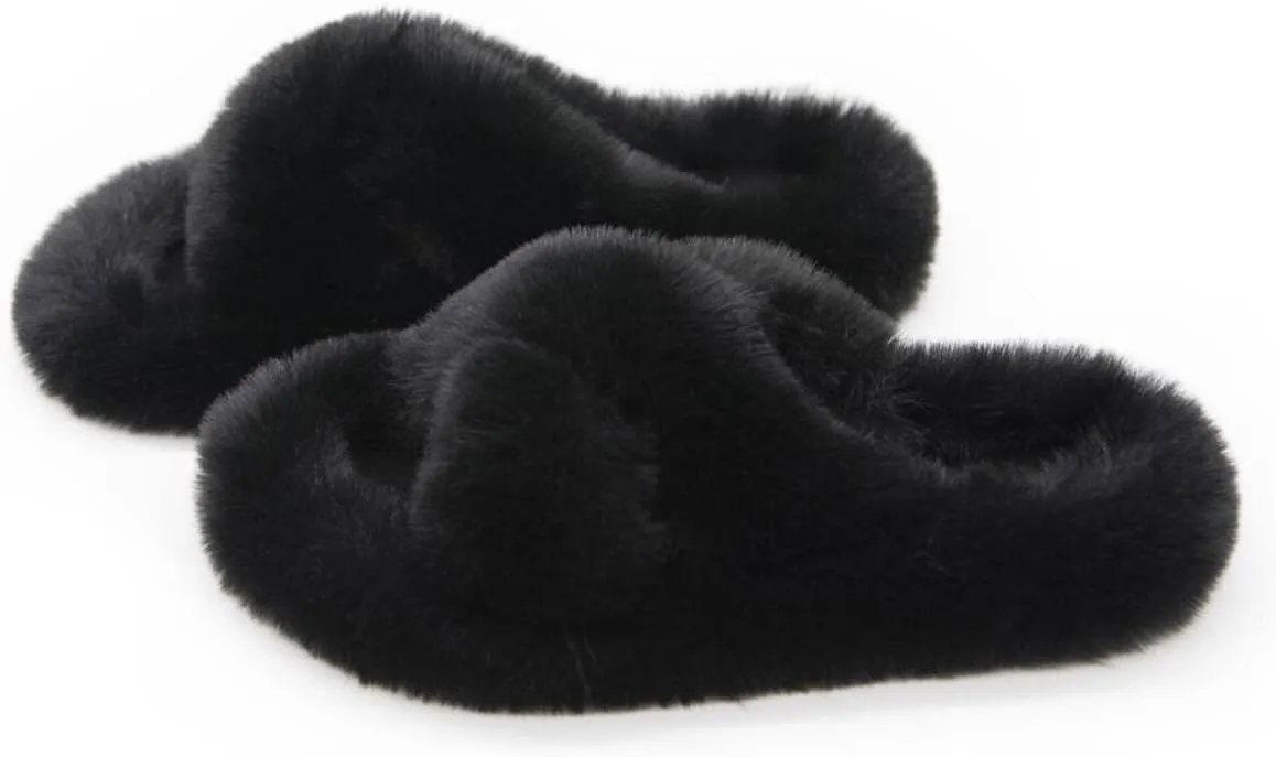 Crazy Lady Women's Fuzzy Fluffy Furry Fur Slippers Flip Flop Winter Warm Cozy House Memory Foam Sandals Slides Soft Flat Comfy Anti-Slip Spa Indoor Outdoor Slip on Light