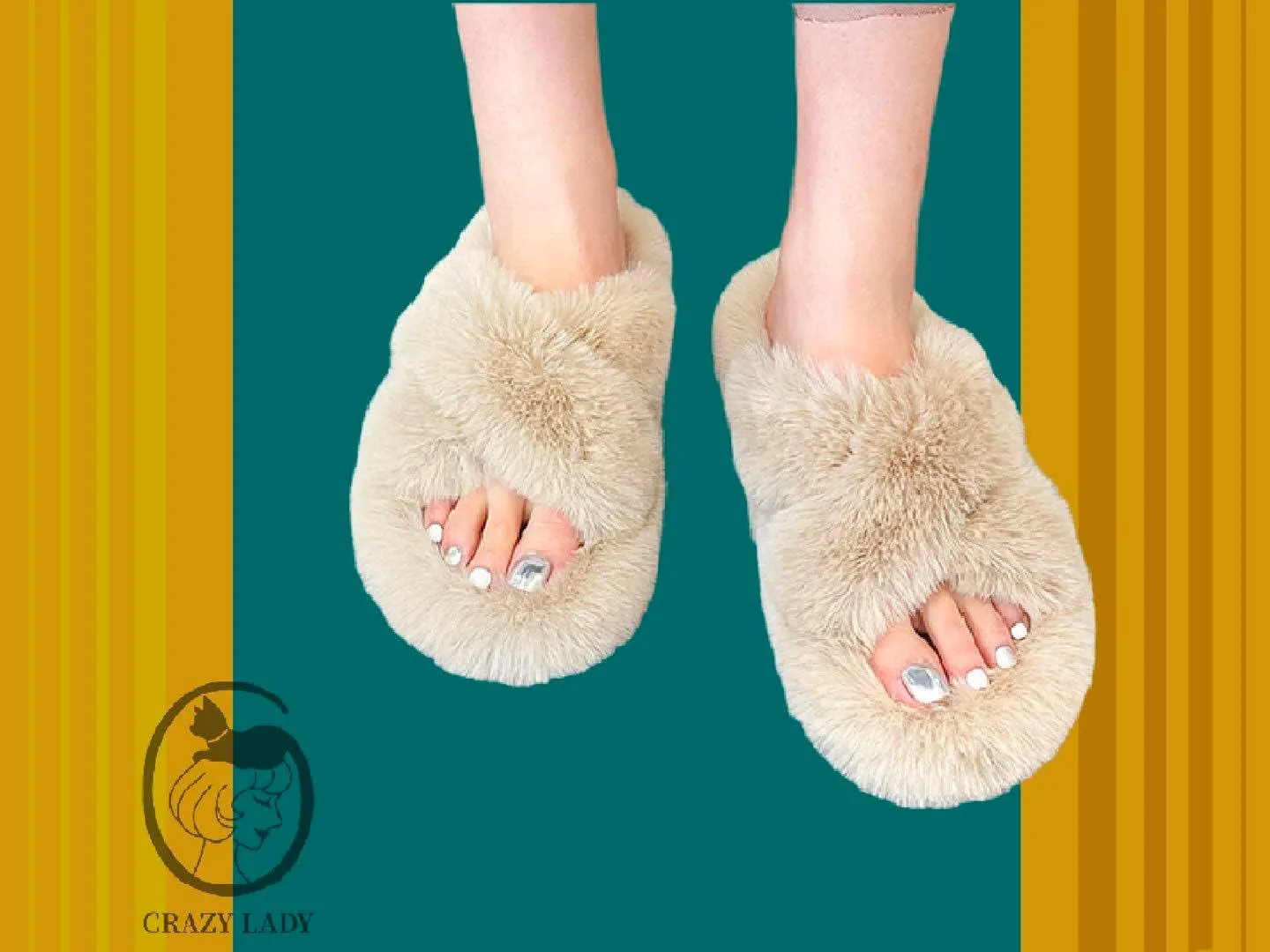 Crazy Lady Women's Fuzzy Fluffy Furry Fur Slippers Flip Flop Winter Warm Cozy House Memory Foam Sandals Slides Soft Flat Comfy Anti-Slip Spa Indoor Outdoor Slip on Light