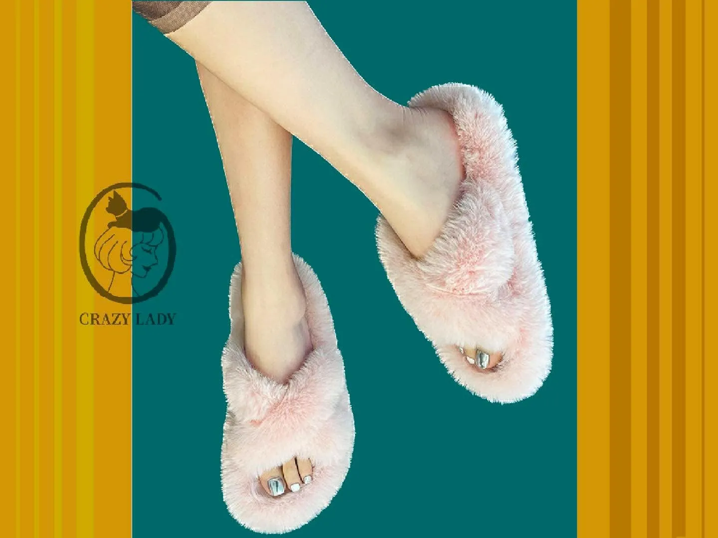 Crazy Lady Women's Fuzzy Fluffy Furry Fur Slippers Flip Flop Winter Warm Cozy House Memory Foam Sandals Slides Soft Flat Comfy Anti-Slip Spa Indoor Outdoor Slip on Light