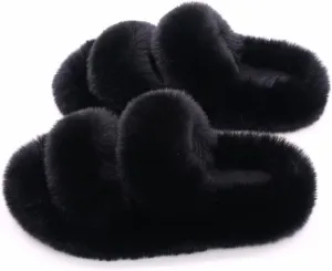 Crazy Lady Women's Fuzzy Fluffy Furry Fur Slippers Flip Flop Winter Warm Cozy House Memory Foam Sandals Slides Soft Flat Comfy Anti-Slip Spa Indoor Outdoor Slip on Light