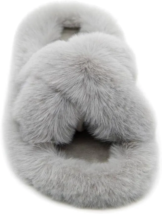 Crazy Lady Women's Fuzzy Fluffy Furry Fur Slippers Flip Flop Winter Warm Cozy House Memory Foam Sandals Slides Soft Flat Comfy Anti-Slip Spa Indoor Outdoor Slip on Light