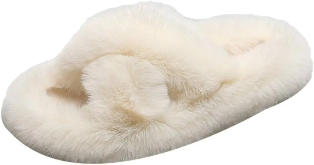 Crazy Lady Women's Fuzzy Fluffy Furry Fur Slippers Flip Flop Winter Warm Cozy House Memory Foam Sandals Slides Soft Flat Comfy Anti-Slip Spa Indoor Outdoor Slip on Light